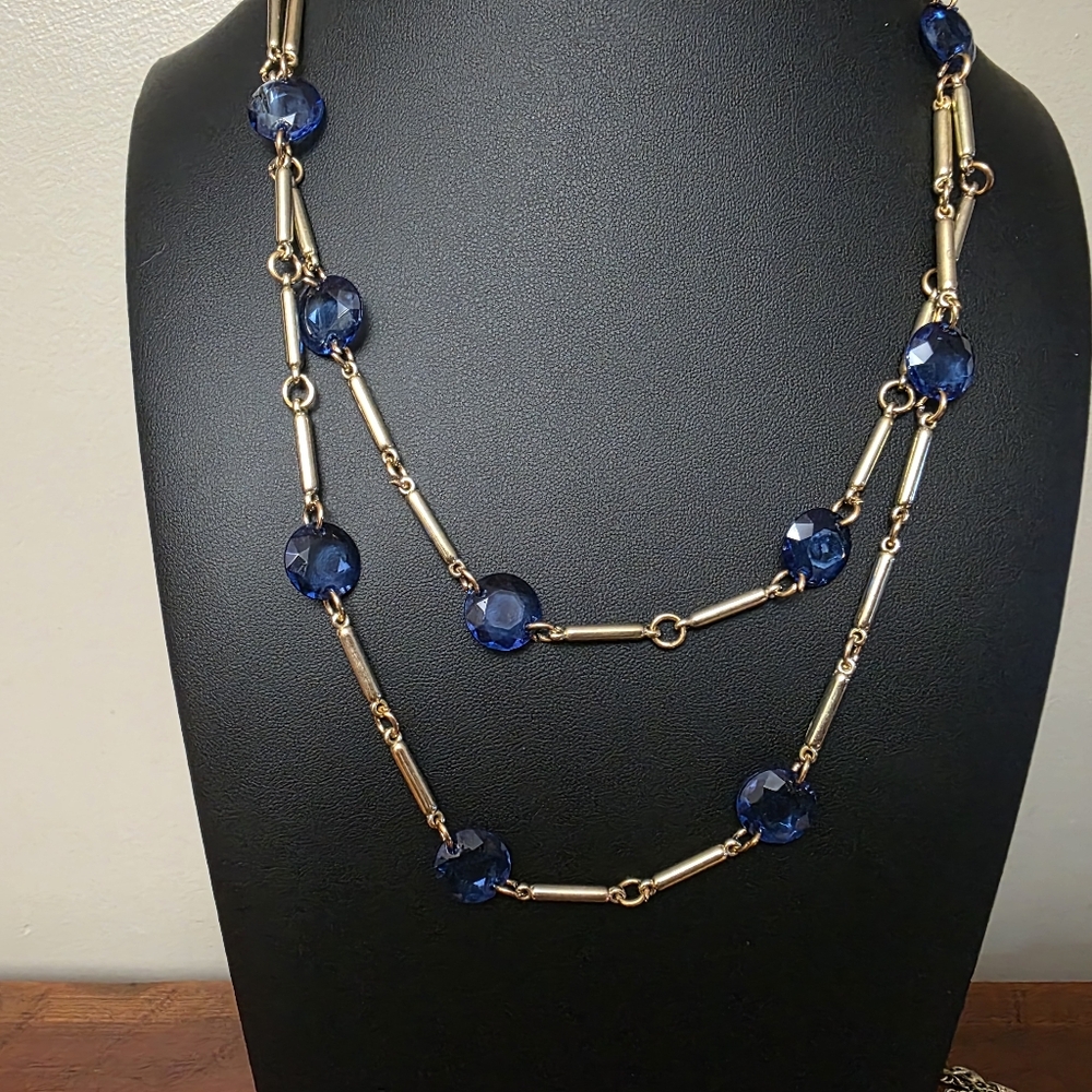 Navy blue bead necklace,  gold-tone chain. Dual Layers.